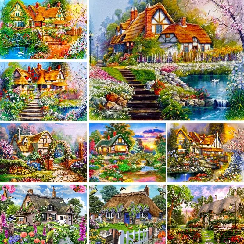

5d DIY New Diamond Painting English Country House Lakeside Flowers Tree Sky Scenery Home Decoration Holiday Gift