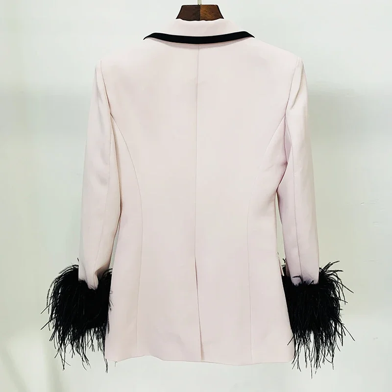 HIGH STREET Newest 2023 Designer Women's Color Block Stylish Feather Embellished Petal Sleeve Hidden Breasted Long Blazer Coat