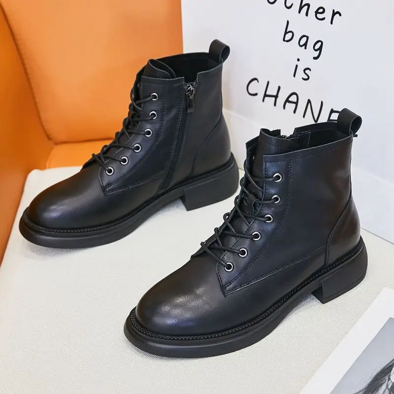 

New British Style Riding Boots Women Spring and Autumn Thin Retro Lace-up Soft Leather Flat Women's Short Boots Zapatos De Mujer