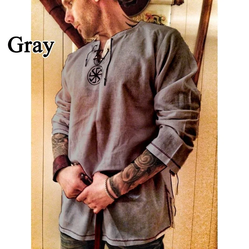 Medieval Linen Shirt Robe Viking Mens Dress Knight Renaissance Cotton Tunic Long Sleeve Shirts Tops Cosplay Costume Men Clothing