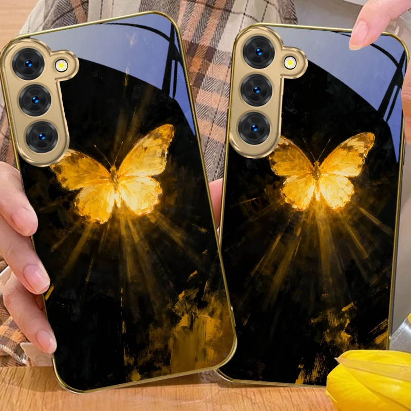 Фото Загадочный чехол-бабочка для Samsung Galaxy S26 S20 FE S21 Plus S22 S23 Plus S24 Ultra S25 S21+ S9, золотой, стеклянный №3