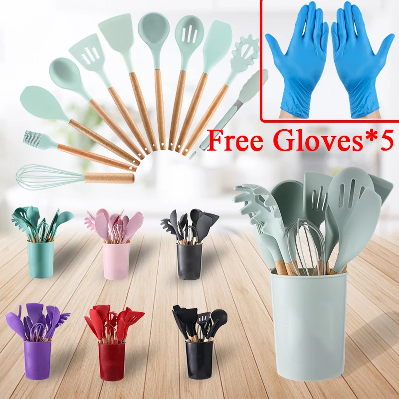 

Set For Cookware Handle Utensils Non-stick Wooden Kitchen Egg Kitchenware Spatula Accessories Hot Silicone Beaters Kitchen