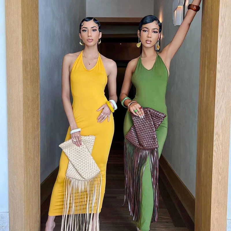 

Maxi Dress For Women Beach Clothes Swimwear 2022 Suit High Waist Summer New Sexy Backless Gas Neck Slim One Solid Polyester