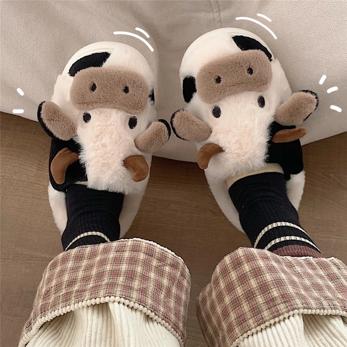 Cute Animal Slipper For Women Men Fashion Kawaii Fluffy Winter Warm Slipper Couples Cartoon Milk Cow House Slides Funny Shoes