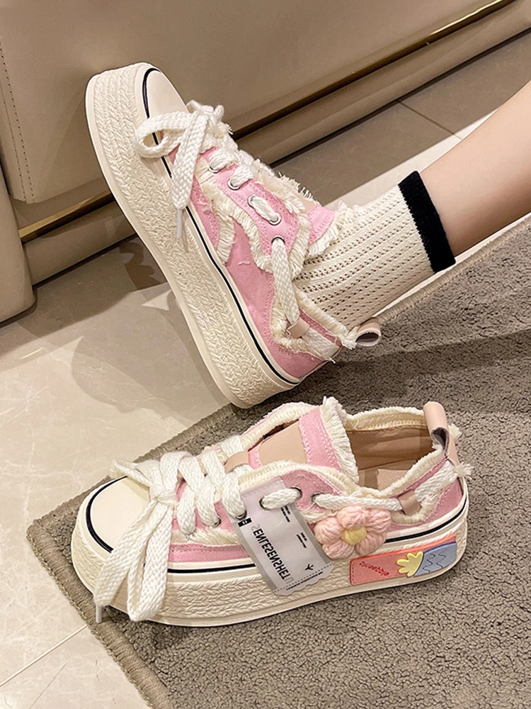 

Кеды женские на платформе, толстая подошва, сетчатые, холщовые, однотонные, Резиновая, с цветочным принтом, из флока, повседневная обувь для отдыха, 2023