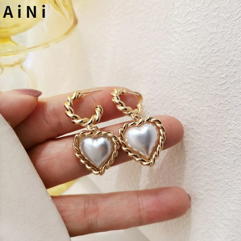 

925 Silver Needle Delicate Jewelry Sweet Heart Earrings Popular Design Simulated Pearl Drop Earrings For Girl Lady Gift