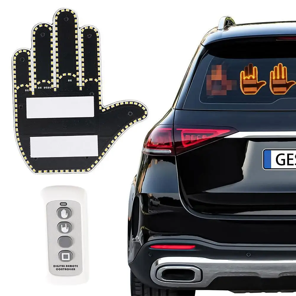 

Car Gesture Light Hand Lamp Sticker Glow Panel For Universal Racing Window Funny Car Finger Light With Remote Road Rage Signs