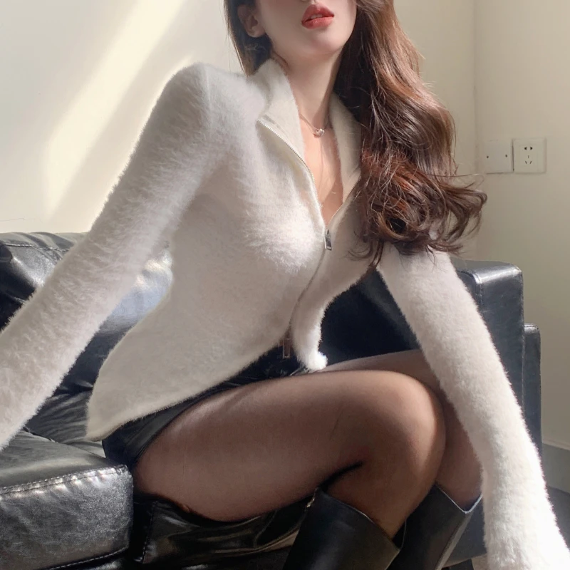 

Женский кашемировый свитер на молнии, теплый мягкий кардиган с длинными рукавами в корейском ретро-стиле, вязаное пальто, топы, зима 2022