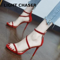 hot red high heeled sandals womens 2022 summer new fashion rhinestones sexy word with stilettos high heeled party dress shoes