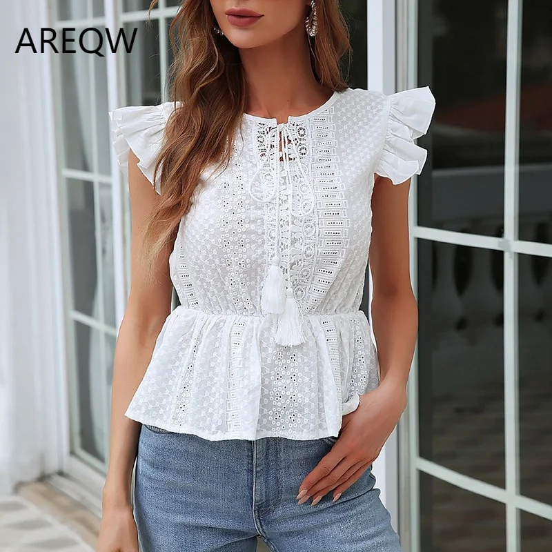 

Summer Hollow Out Lace Blouse Sexy Sleeveless Women Ruffles Patchwork Shirts White Slim Ladies Sweet Lace-up Fringe Tops 19042