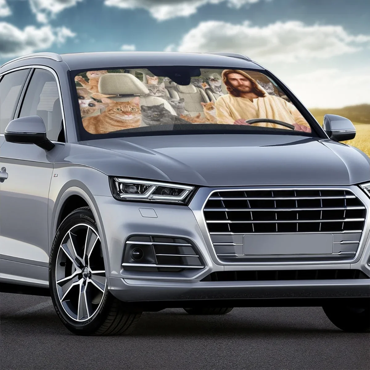 Автомобильный солнцезащитный козырек с забавным рисунком Иисуса и кошки