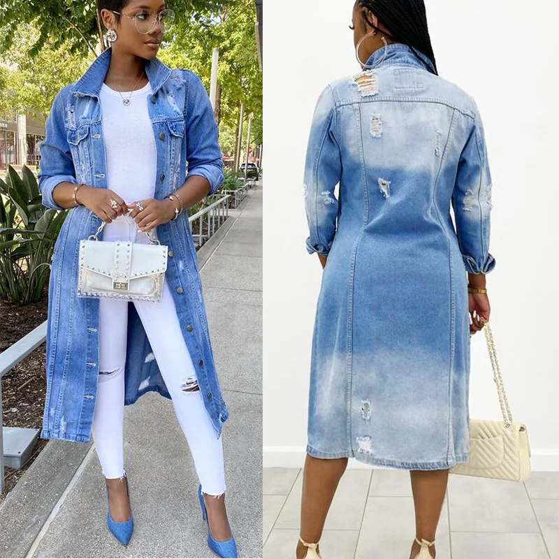 

Autumn and Winter New Denim Long Trench Coat Women Solid Color Long Sleeve Ripped Denim Jacket Woman Coats