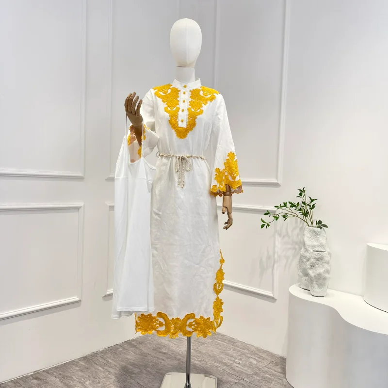 

New 2023 Spring Summer Top Quality Linen Vintage White Yellow Lace Patchwork Embroidery Buttons Woman Midi Dress