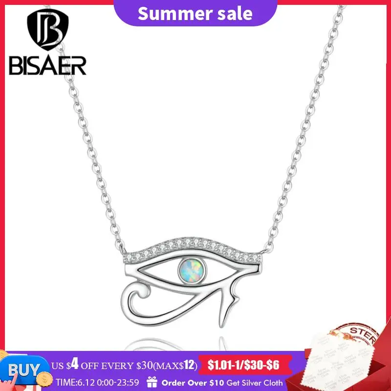 BISAER 925 Sterling Silver Necklace Ancient Egypt Eye of Horus Pendant Chain Plated Platinum for Women Party Fine Jewelry Gift