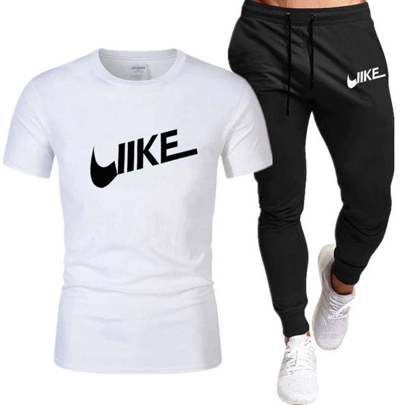 

Men's Summer Tracksuit 2 Piece Sets Cotton T Shirt + Trousers Outfits Male Fitness Sports Kit High Quality Breathable Sportswear