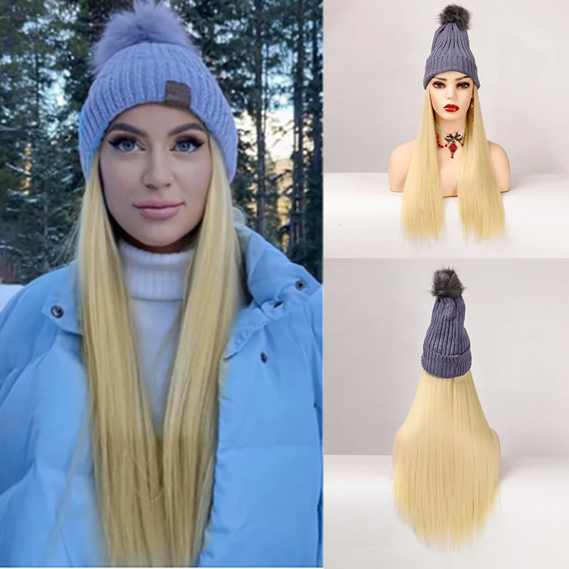 

MANWEI синтетический женский парик блонд длинный прямой парик теплый мягкий лыжный вязаный осенний зимний головной убор