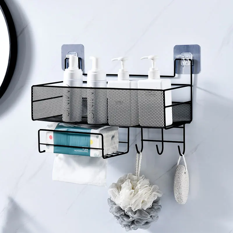

Wall-mounted Bathroom Shelf Black Shower Shampoo Rack Toilet Accessories Kitchen Free Punch Condiment Storage Basket
