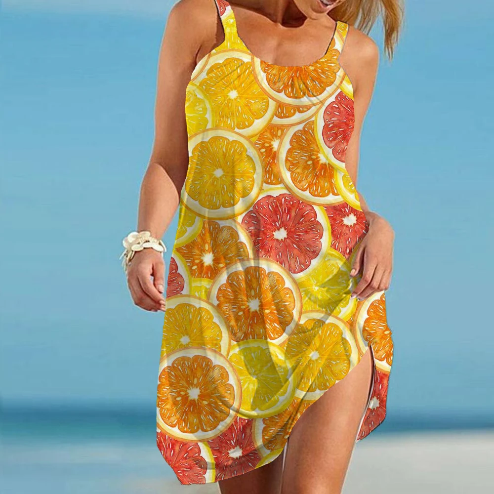 

Camisole Strap Evening Party Dress sling Sundress Harajuku Sea 3d Mini Dress Orange Printed Watermelon Suspender Dress