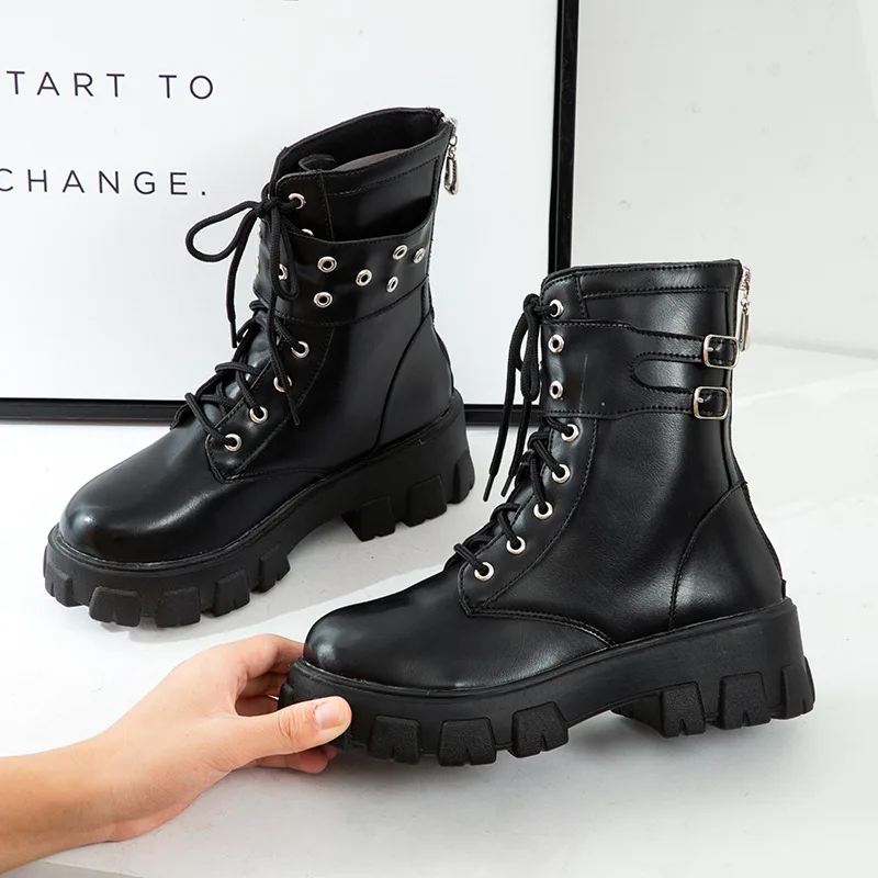 Platform Patent Leather Boots Rivet Women Autumn Punk Motorcycle Boots Block Gothic Thick Sole Shoes Women Mid-Calf Boots