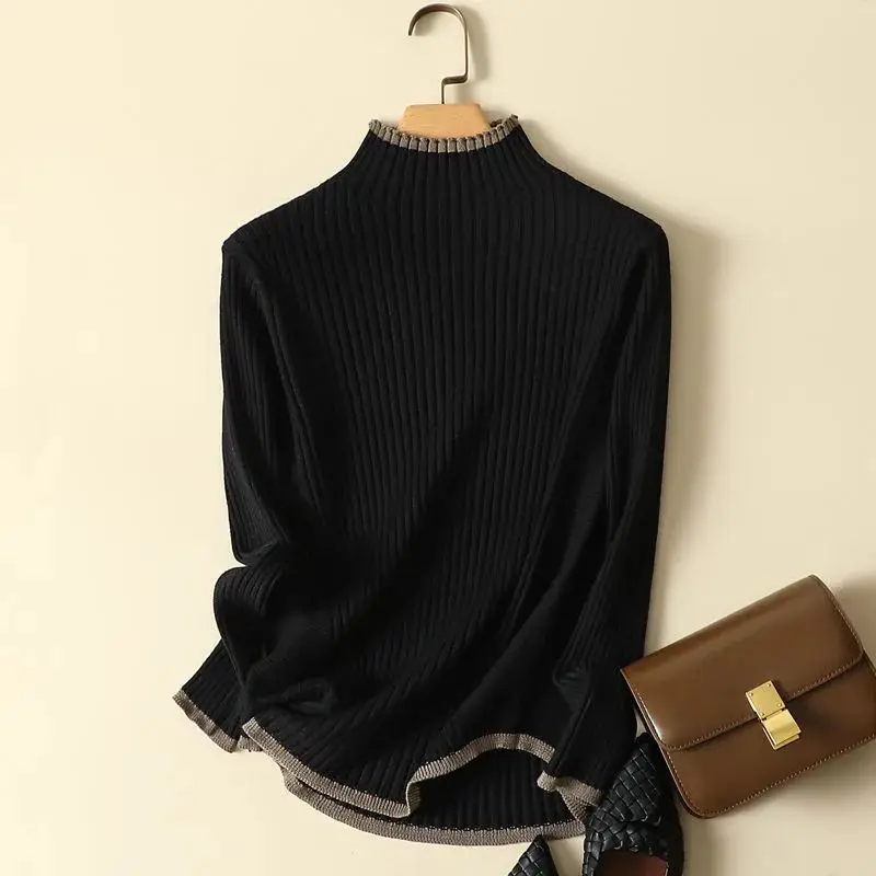 Женский трикотажный пуловер с длинным рукавом и ложным воротником