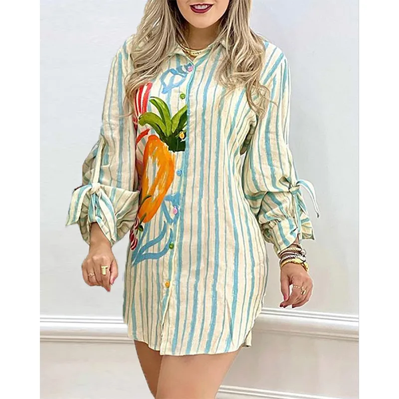 

2022 Women's Lantern Sleeve Lace-Up Dress Female & Lady Spring Fashion Striped Slim Fit Polo Neck Dresses