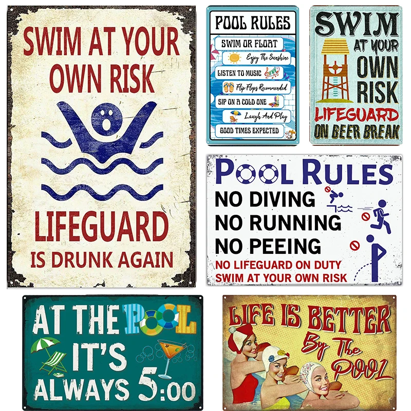 

30*20 Warning Slogan In Pool AD Poster Enjoy Swimming In Hot Day Tin Plaque Decoration Home Vintage Metal Plate Sign Wall Poster
