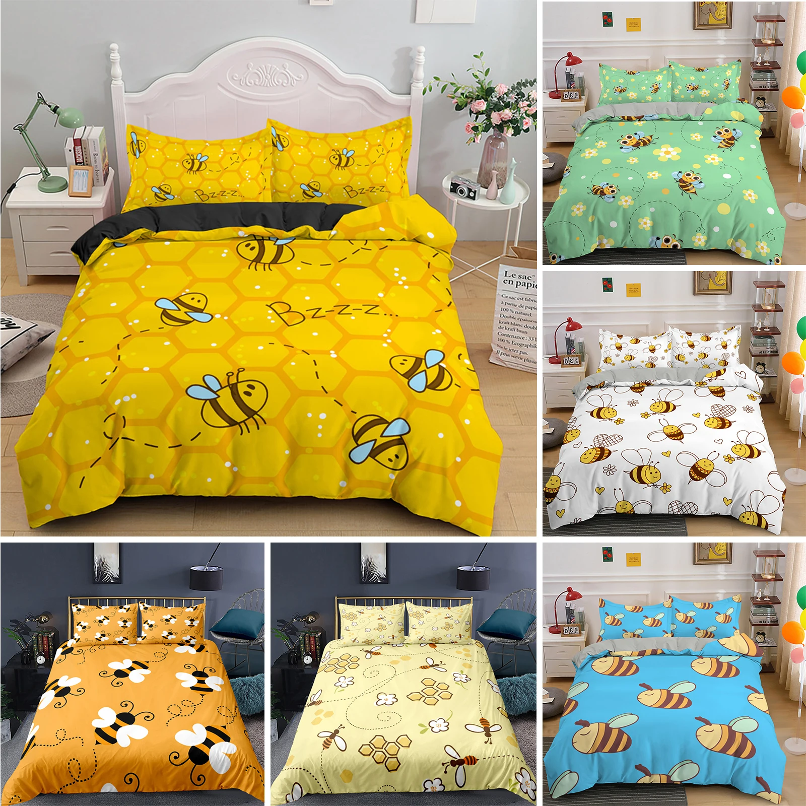 

Bee Honeycomb Bedding Set Flying Wildlife Geometric Floral Duvet Cover Twin King Size Microfiber Hexagon Beehive Comforter Cover