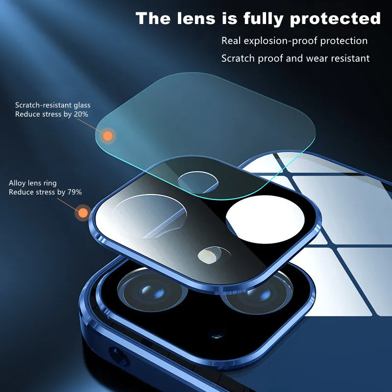 For IPhone 14 13 12 11 Pro Max Camera Lens Protection Luxury Metal Frame Privacy Double Sided Glass Double Snap Mount Phone Case