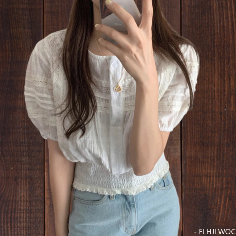 

2023 Summer Korea Chic Short Tops Blusas Feminine Womens Fashion Flhjlwoc Design Ruffled Solid Single Breasted Button Shirts