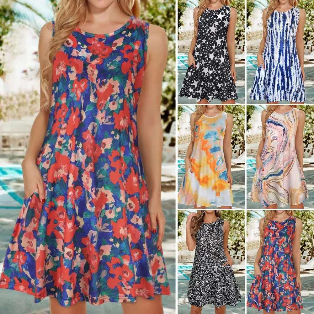

Summer Women Beach A-line Mini Dresses Loose Star Flower Printing Sleeveless O-Neck Loose Ladies Vestidos Dress Female Garment