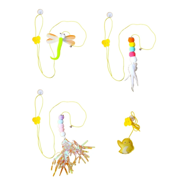 

270F Retractable Cat Scratching Rope Dragonfly Pompoms Cat Toy Cat Teaser Stick Feather Toys Self-Excited Hanging Toy