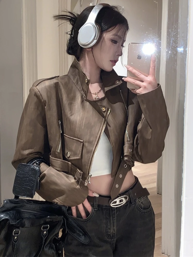 

Korea Autumn PU Cropped Leather Jacket Women Korean Fashion Loose Biker Coat Female 2023 Winter Warm Outerwear Casual Chic Top