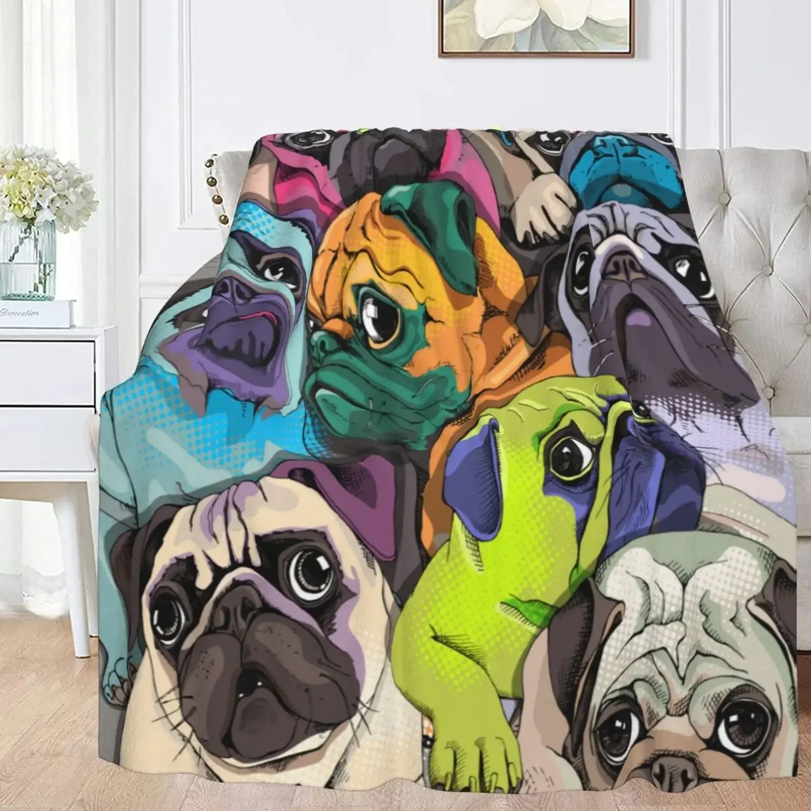 

Colorful Pug Blanket Fluffy Soft Cozy Warm Plush Flannel Throw Blankets Bed Sheet Bedspread Sofa Nap Shawl for Dog Lovers