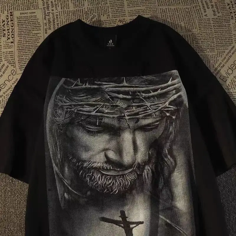 

American street portrait cross necklace short sleeved t-shirt male cotton tide Europe high street hiphop top oversized t shirt