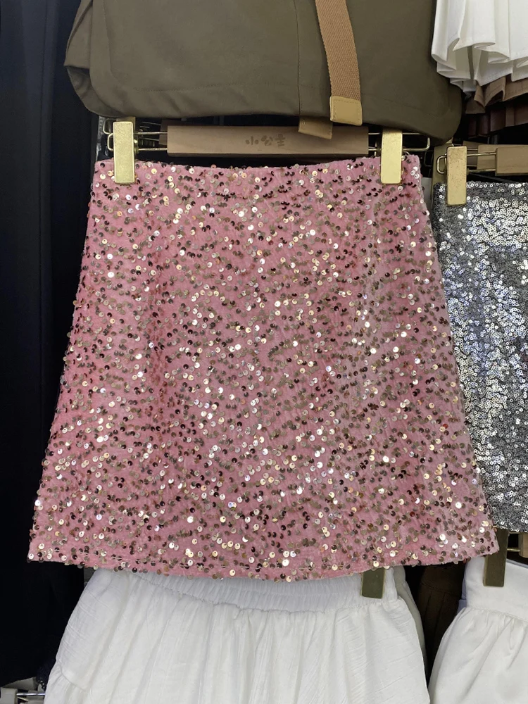 

Shiny Mini Skirt Sequins A-Line Black Y2k Evening Slim Chic Goth Night Club Outfits Jupe Sexy Acubi Micro Korean Style