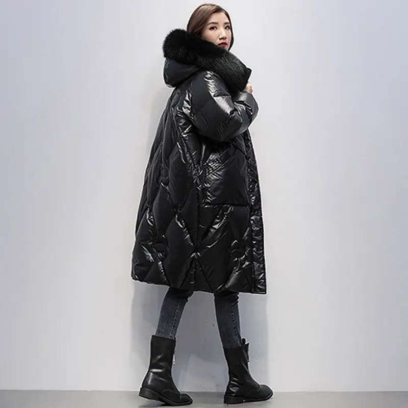 Women's Parkas Winter Down Padded Jacket Fashion Mid-length Loose Thickened Hooded Warm Big Fur Collar Winter Coat Women 2023