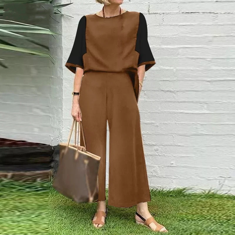 

Women's INS Two-piece Fashion O-Neck Colorblock T-Shirt + Wide Leg Pants Suit Office Ladies Autumn Elegant Casual Loose Suit