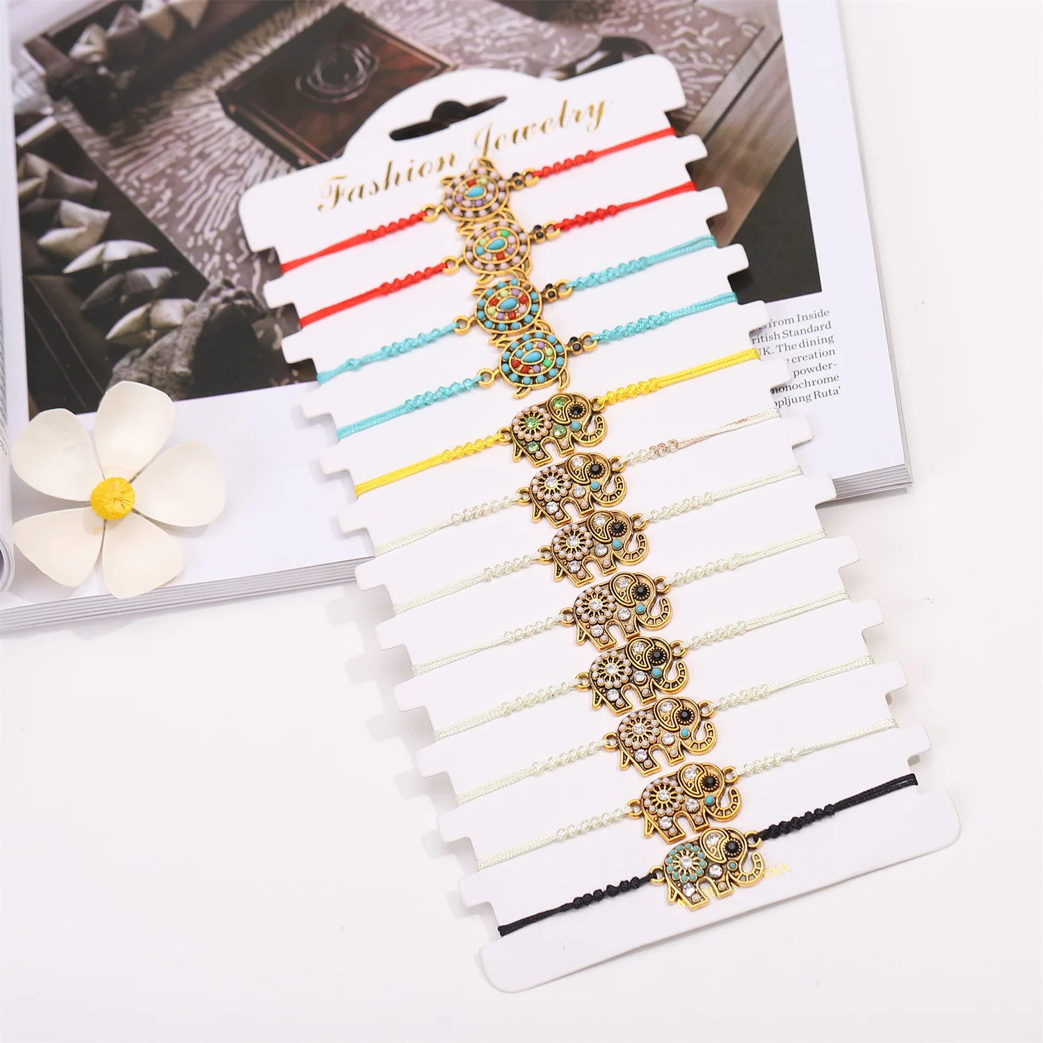 

12pcs/set Vintage Tortoise Elephant Pendent Bracelets For Teens Girls Kids Pretty Crystal Animal Pendent Woven Chain Bangles