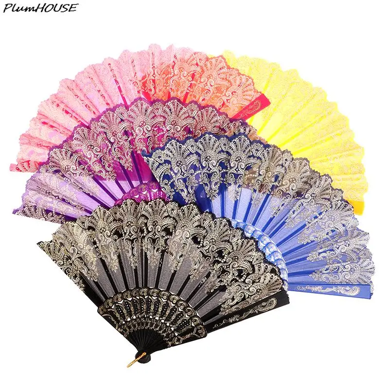 

Wedding Dance Party Luxury Fashion Hot Stamping Fan For Spanish Style Single Flower Folding Hand Held Fan Lace