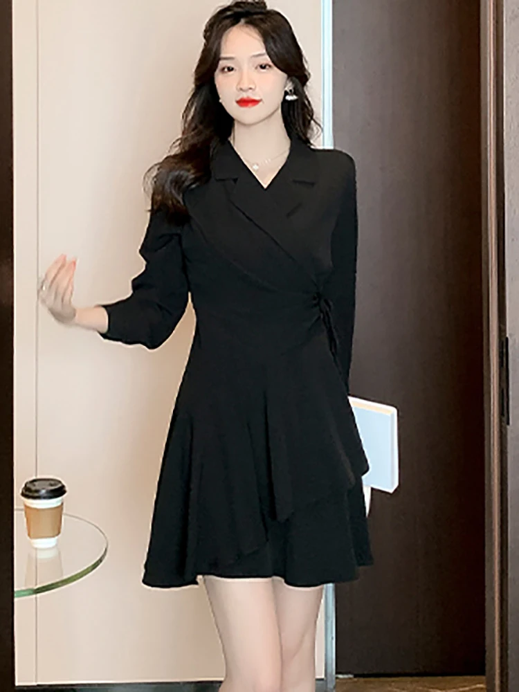 

Женское офисное платье с оборками, Черное длинное винтажное платье в стиле Хепберн с рукавами в Корейском стиле на весну, 2023