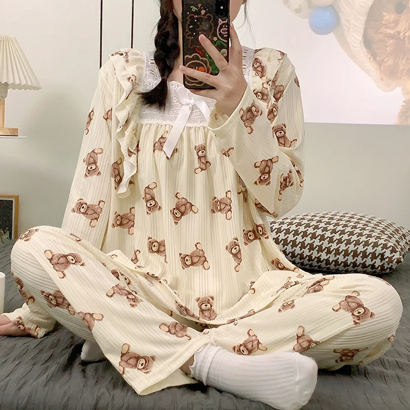 CAIYIER Kawaii Girls Hearts Print Leisure Sleepwear Korean Winter Long Sleeve Long Pants Nightwear For Women Pyjamas Elegant 2XL