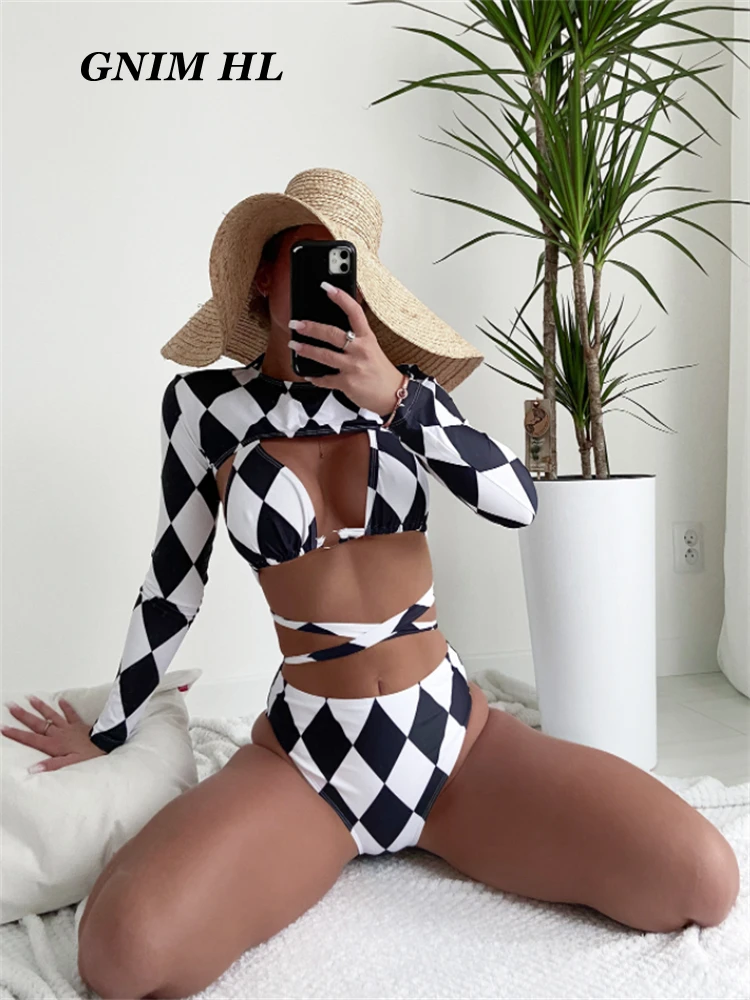 

GNIM Sexy Long Sleeve Plaid Bikini Swimwear Women Three-Pieces Set 2023 High Waist Bandage Women's Swimsuit Biquini Bathing Suit