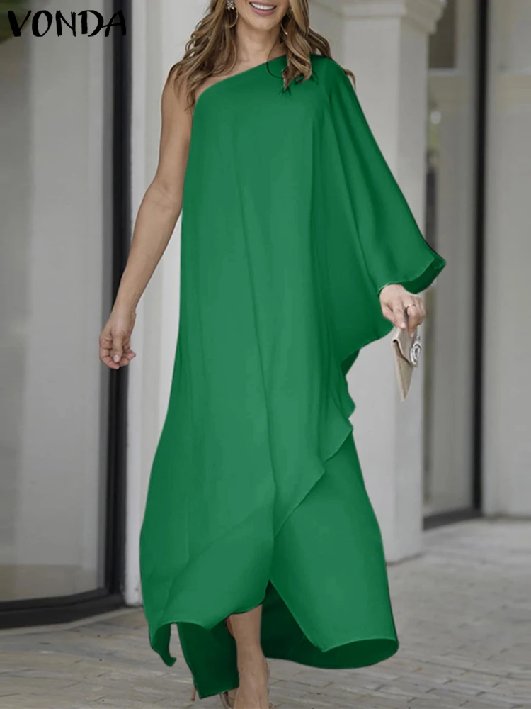 

VONDA Sexy One Shoulder Elegant Asymmetrical Dress Women Party Sundress 2023 Summer Solid Skew Collar Ruffled Long Maxi Robe