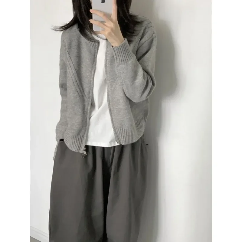 Кардиган на молнии Женский винтажный трикотажный короткий свитер в Корейском