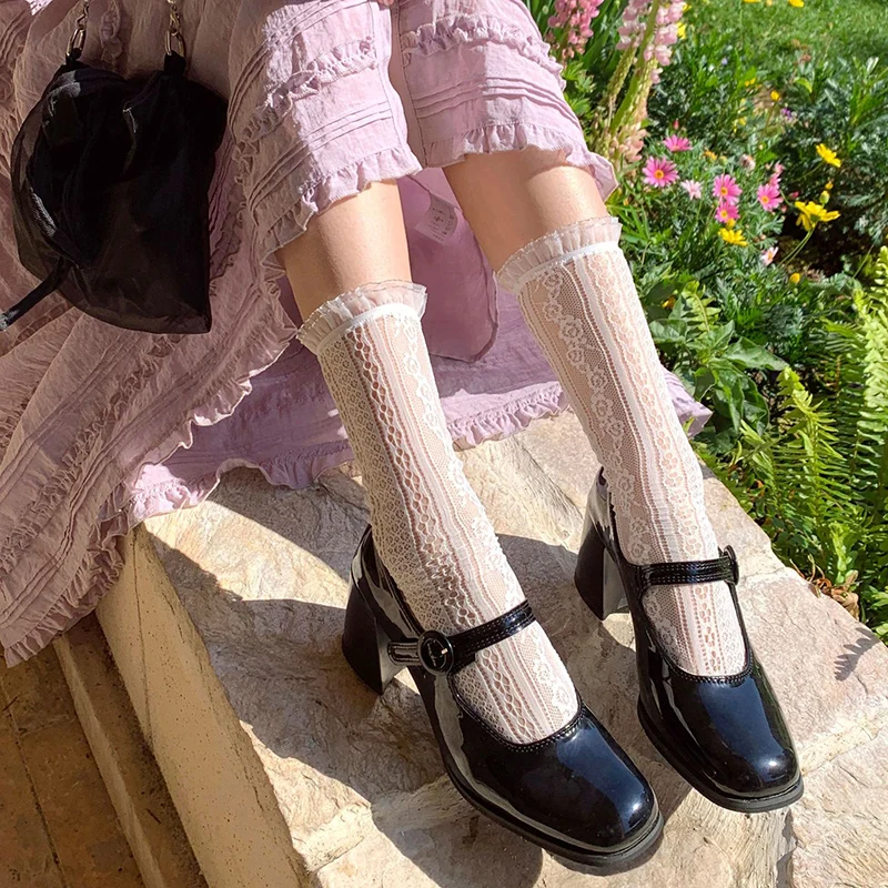 

Lolita Lace Frilly Socks Women Flower Long Socks Female Transparent Thin Socks Girls Dress Calcetines medias