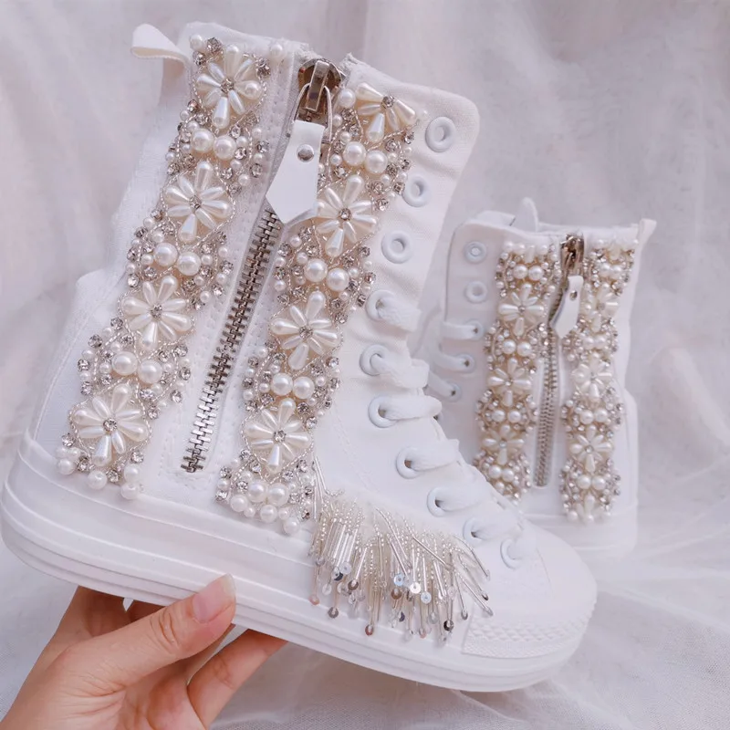 

Heavy industry canvas shoes thick bottom zipper single shoes high tube rhinestone tassel street comfortable 35-40