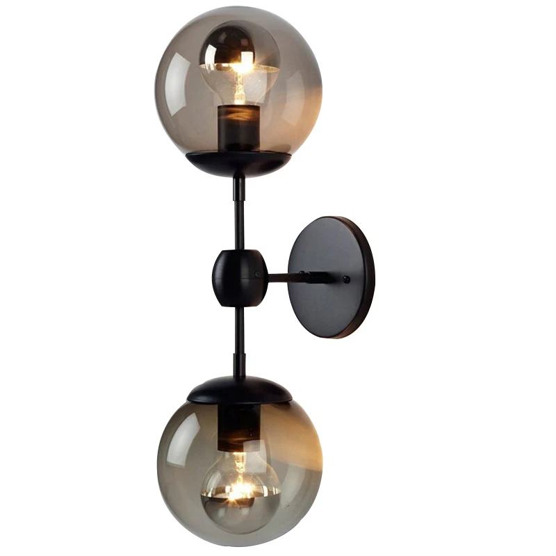 

Creative Ball Style Glass Wall Lamp Retro Black Single Double Heads Iron E27 Wall Light For Bedroom Restaurant Bar Hotel Cafe