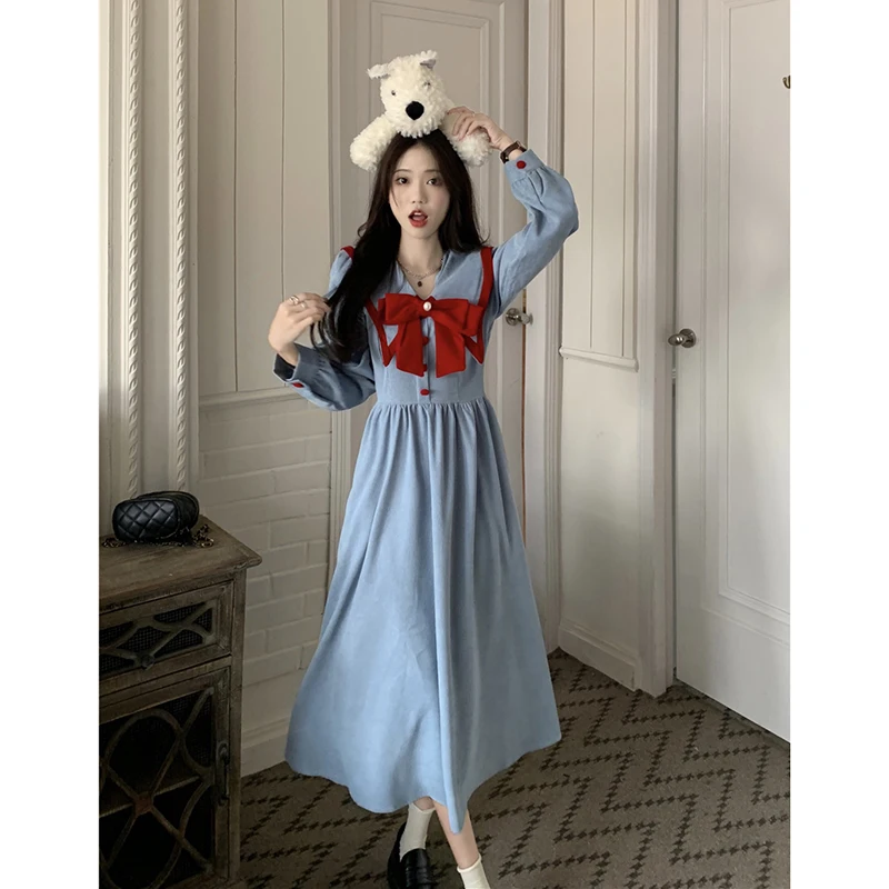 Женское вельветовое платье с бантом и длинным рукавом