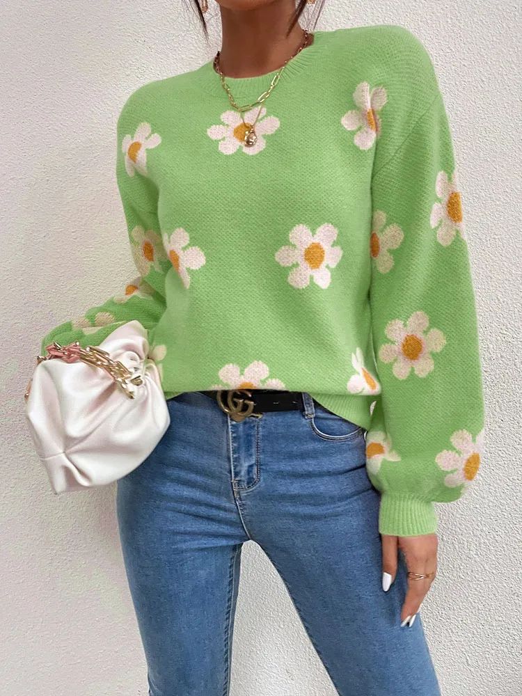 

Зимний вязаный свитер, женские зеленые пуловеры, женские элегантные топы с цветочным рисунком, женские свободные свитера большого размера ...