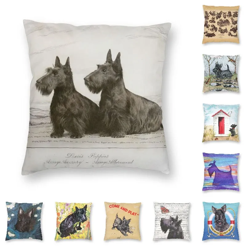 Vintage Scottish Terrier Dog Cushion Cover Print Scottie Pet Lover Throw Pillow Case for Sofa Custom Pillowcover Decoration